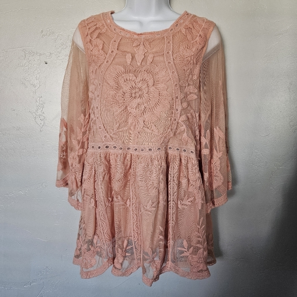 Entro Women's Small Light Pink Peach Quarter Sleeve Blouse Boho Embroidery Lace